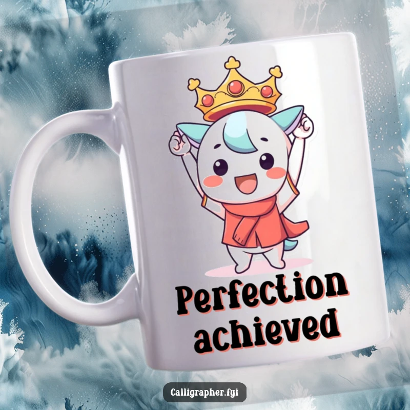 Funny Kawaii character mug, beaming with pride while triumphantly holding up a perfectly formed, smiling character, symbolizing achievement.