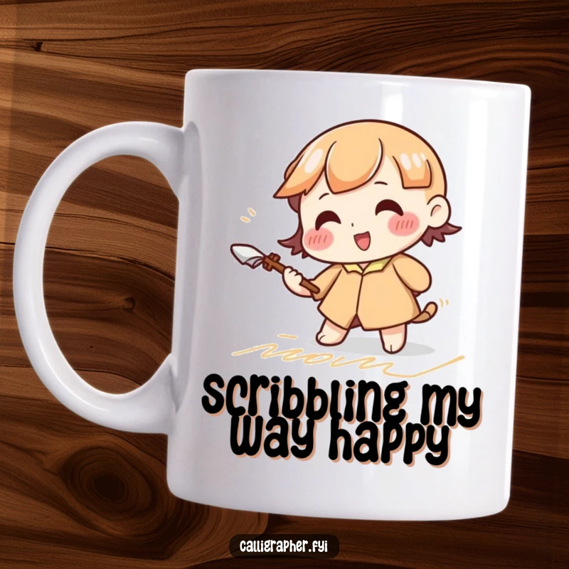 Funny mug featuring a cute character vigorously practicing elegant cursive strokes with a large quill, showcasing dedication to calligraphy.