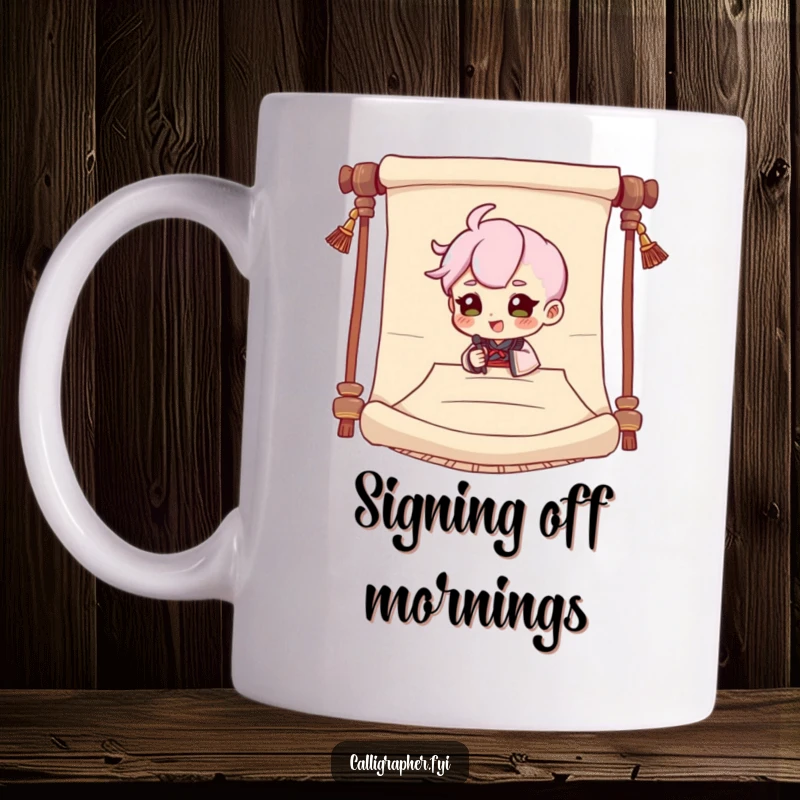 Funny mug featuring a cute character dramatically signing a large scroll with a flourish, embodying theatrical humor.