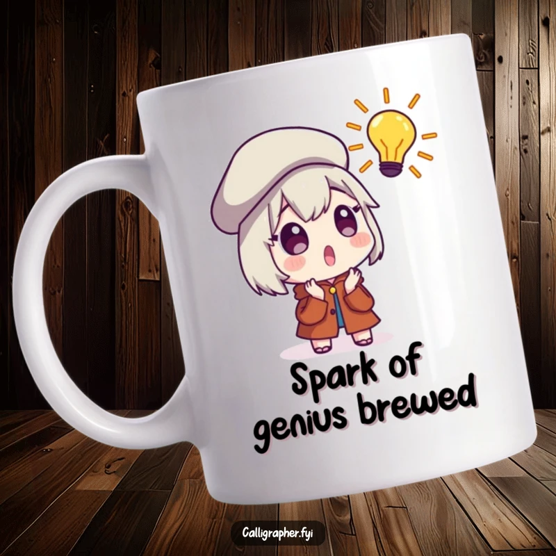 Funny Mug featuring a surprised character wearing a beret, eyes wide with excitement at a sudden brilliant artistic idea.