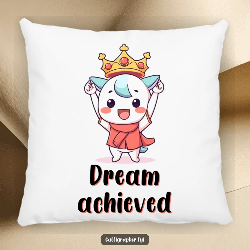 Funny Kawaii character pillow, triumphantly holding a perfectly formed character, providing cozy comfort and a sense of accomplishment.