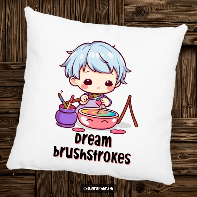 Funny Kawaii Artist Pillow showcasing a cute character dipping a brush into colorful ink, perfect for cozy artistic vibes.