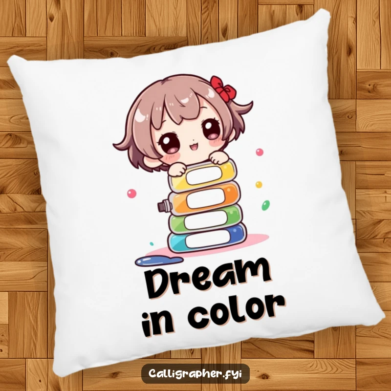 Funny Pillow: Cute character playing it cool while balancing a stack of ink bottles, a comfy and humorous addition.