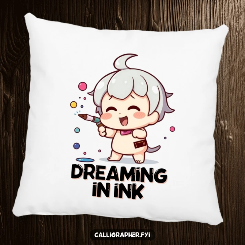 Funny Kawaii character pillow, enthusiastically spraying ink from a pen nib, providing cozy comfort and artistic flair.
