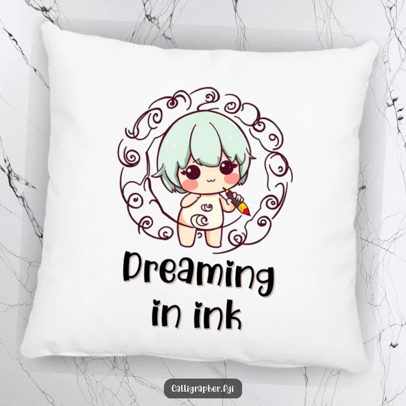 Funny pillow accentuating a cute character skillfully drawing elegant swirling patterns with a calligraphy pen, perfect for adding personality to decor.