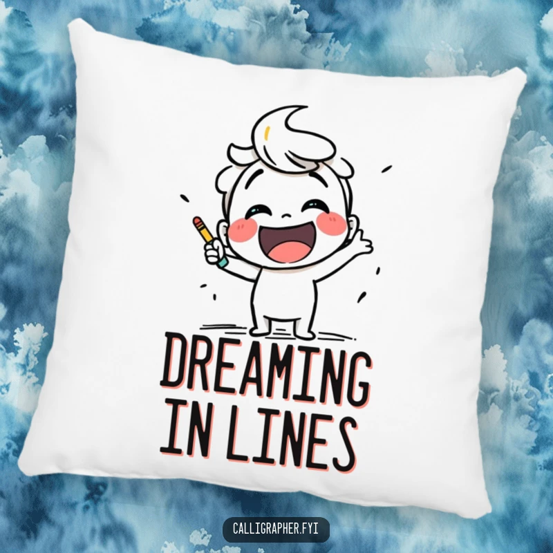 Funny pillow accentuating a smiling artist character happily sketching with bold, confident lines, offering comfort and humor.
