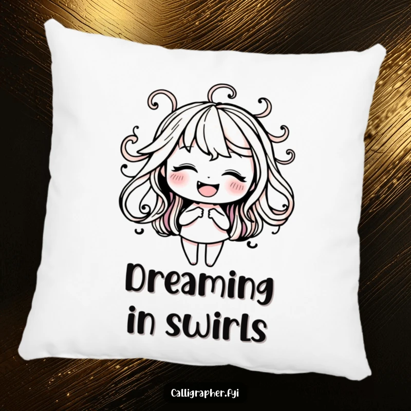 Funny pillow featuring a happy character peacefully practicing elegant ink swirls, adding a cozy and artistic touch.