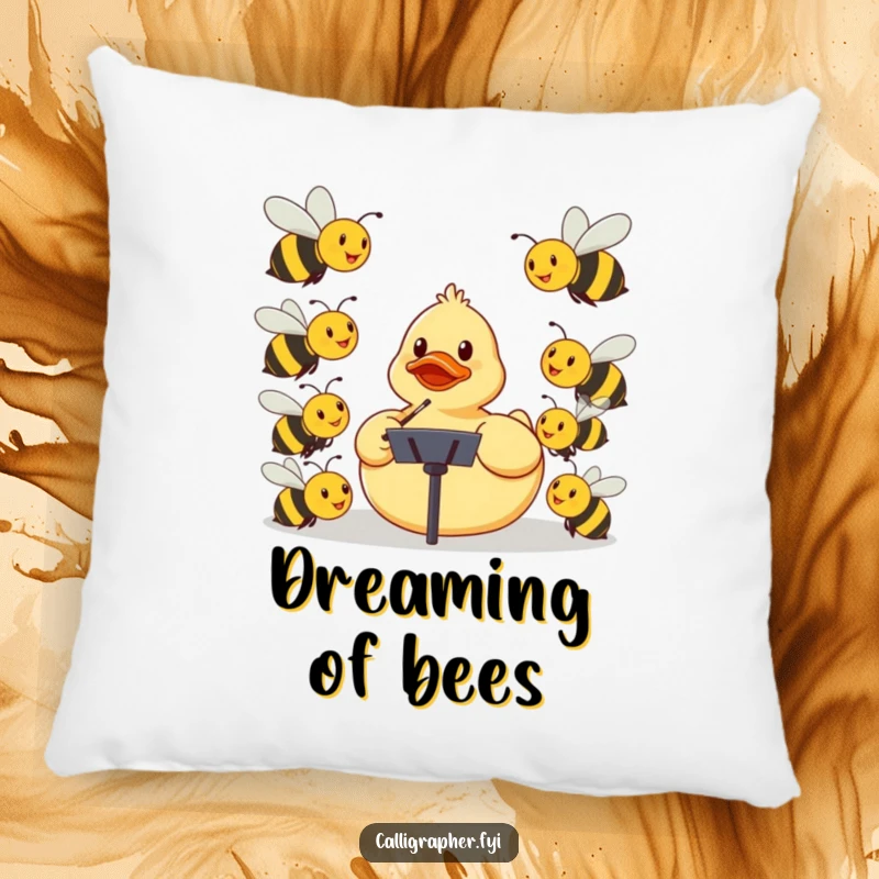 Funny pillow featuring a rubber ducky conducting an orchestra of smiling bees, a humorous and comfortable decorative item.