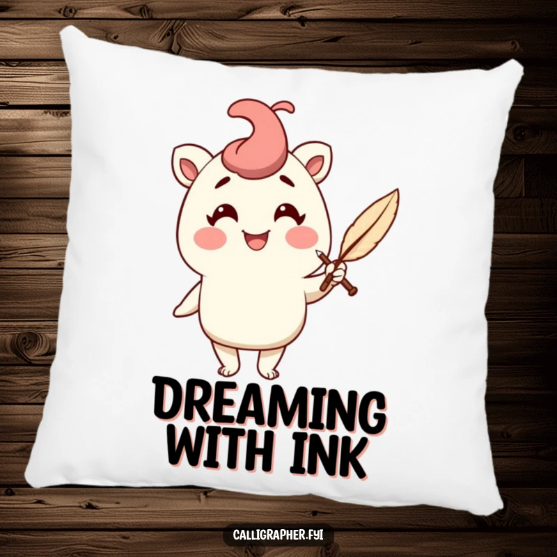 Funny pillow featuring a cheerful character holding a quill pen with a flourish, offering comfort and a hint of literary humor.