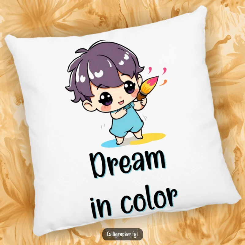 Funny pillow featuring a cute character enthusiastically twirling a paintbrush with vibrant ink, offering comfort and artistic charm.