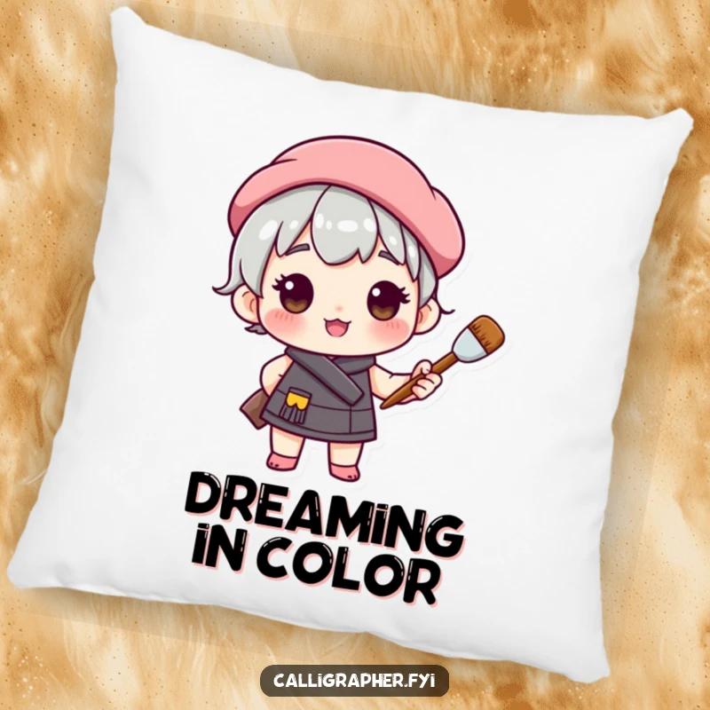 Funny pillow featuring a cute character wearing a beret and holding a paintbrush with an air of artistic pride and confidence.