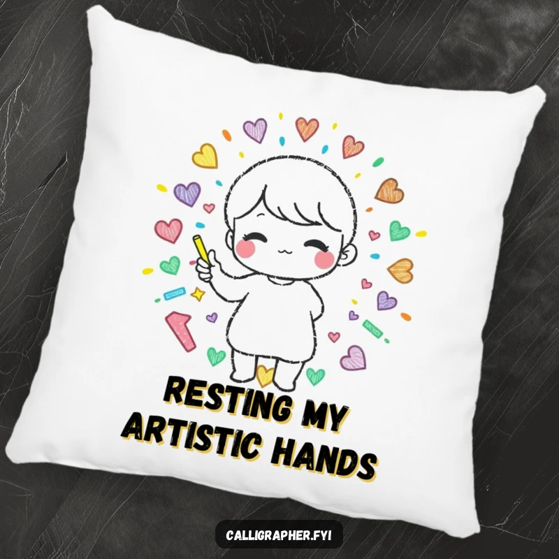 Funny pillow featuring a cute character creating a beautiful pattern with colorful chalk, evoking creativity and vibrant expression.