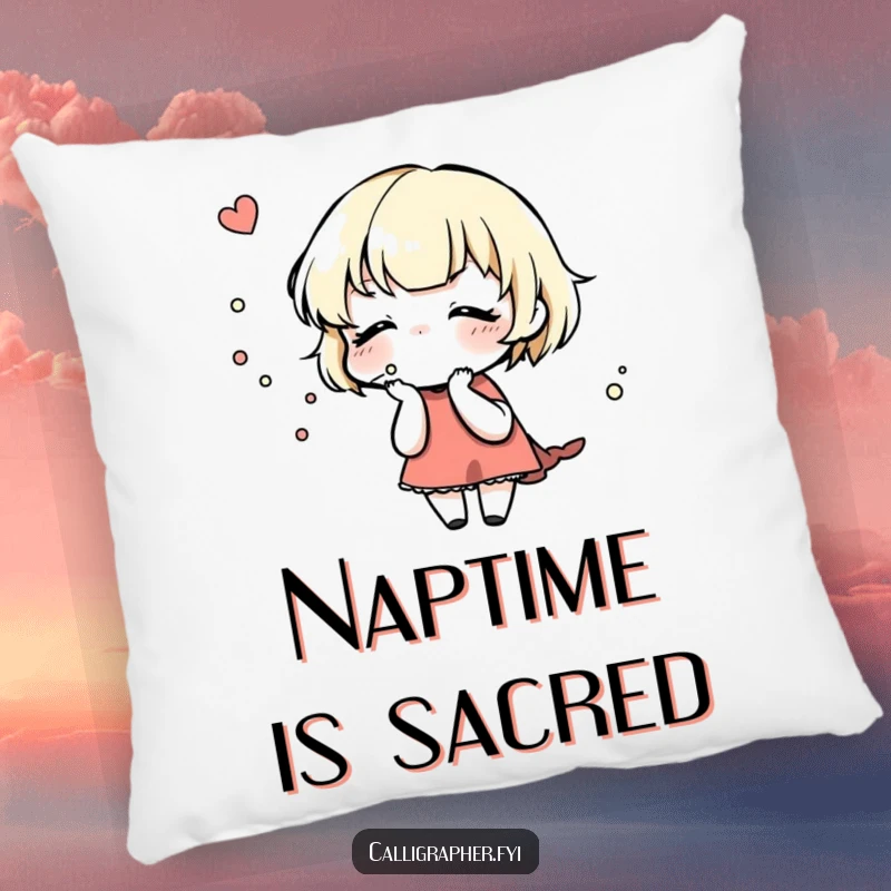 Funny Pillow: A cute character gently blows on a freshly inked design, offering comfort and a touch of artistic appreciation.