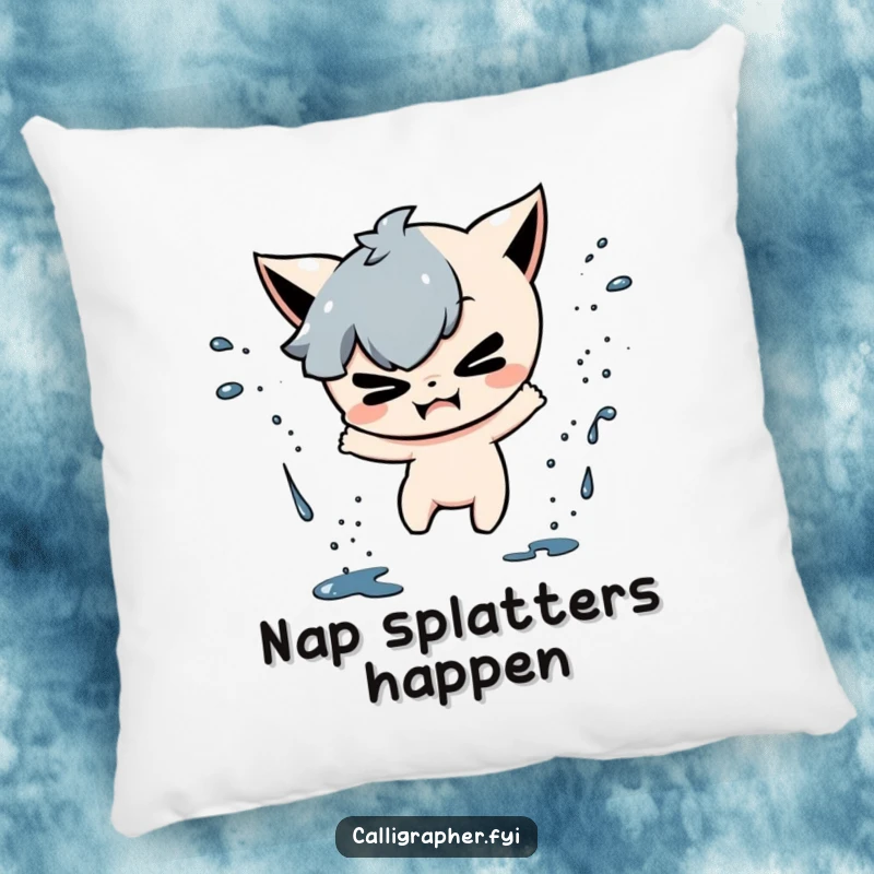 Funny pillow featuring a mischievous character playfully splattering ink drops, adding a cozy and humorous artistic touch.