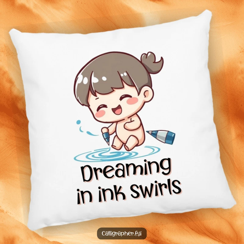 Funny decorative pillow featuring a character happily swirling ink from a pen, perfect for adding a creative and humorous touch to any room.