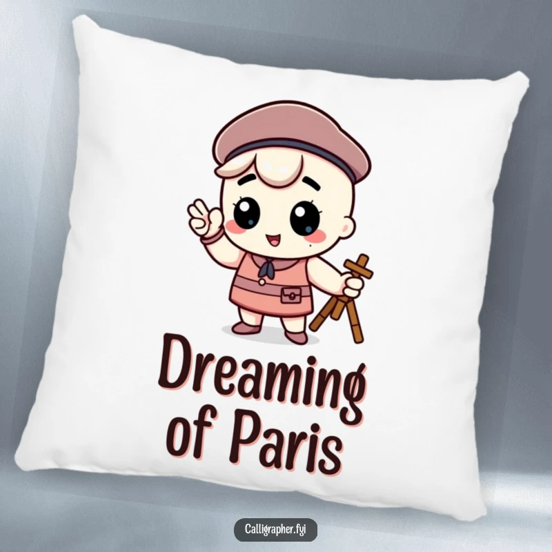 Funny kawaii character in a beret, striking a proud artist pose, a decorative and humorous pillow for art-themed rooms.