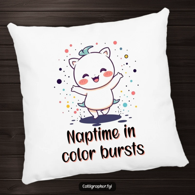 Funny kawaii character doing a cheerful dance surrounded by colorful ink splatters, offering comfort and humor as a decorative pillow.