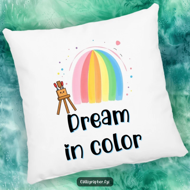 Funny pillow featuring a happy artist painting a colorful rainbow on a canvas, adding a touch of artistic joy to home decor.