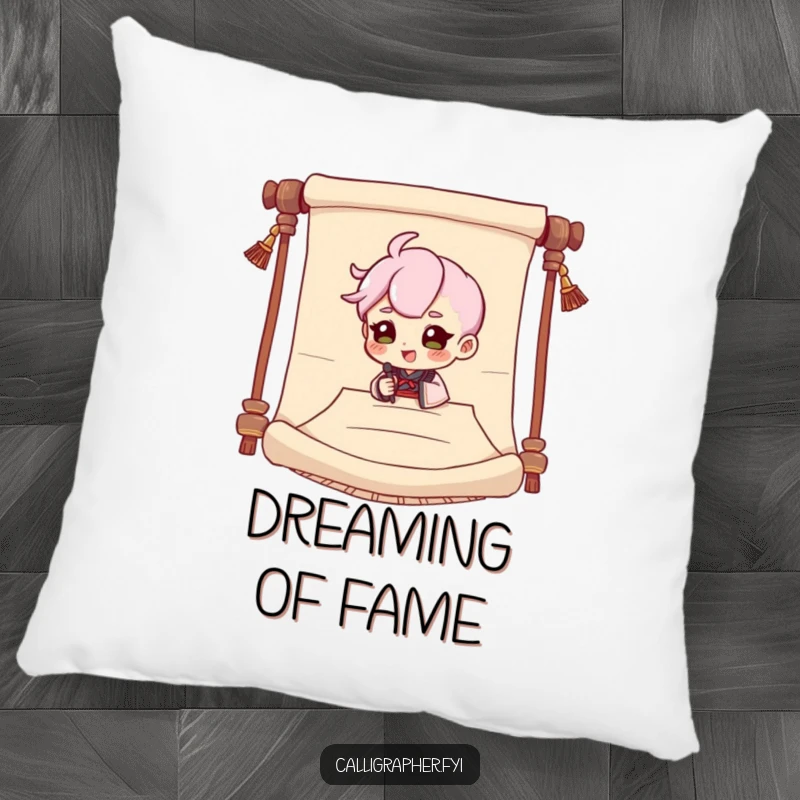 Funny pillow featuring a cute character dramatically signing a large scroll, perfect for adding humor to a couch or bed.