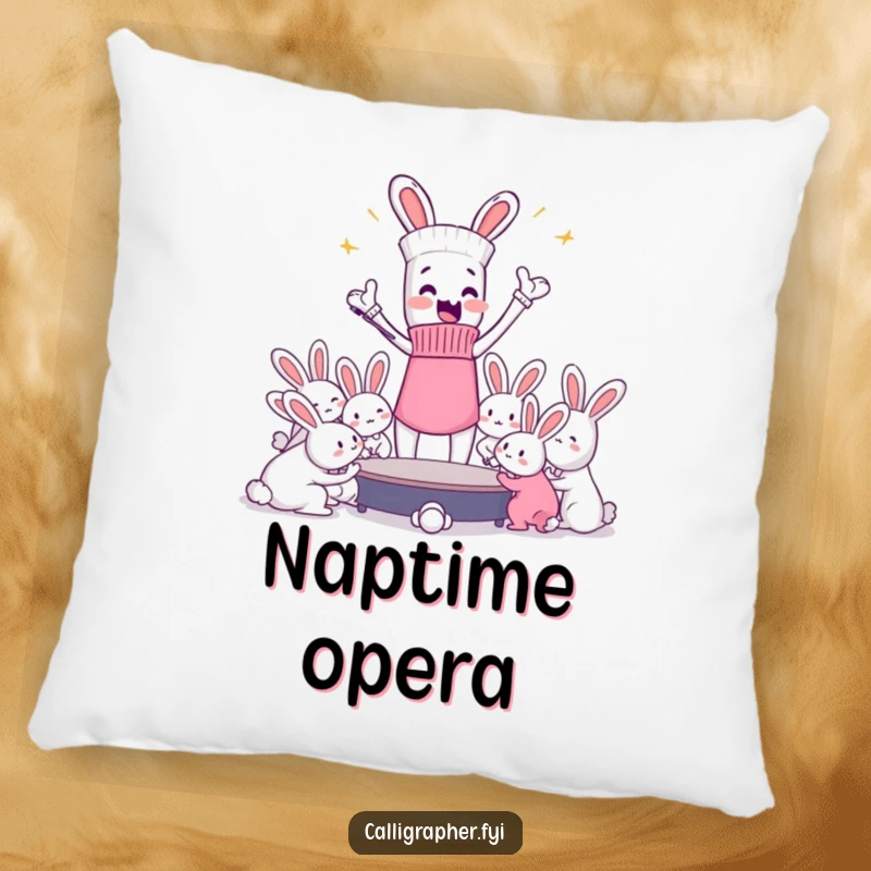 Funny pillow featuring an enthusiastic sock character conducting a disorganized orchestra of dust bunnies, perfect for a humorous touch.