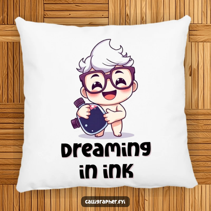 Funny Pillow depicting a happy character with glasses holding a large ink bottle, ideal for comfortable and inspired relaxation.