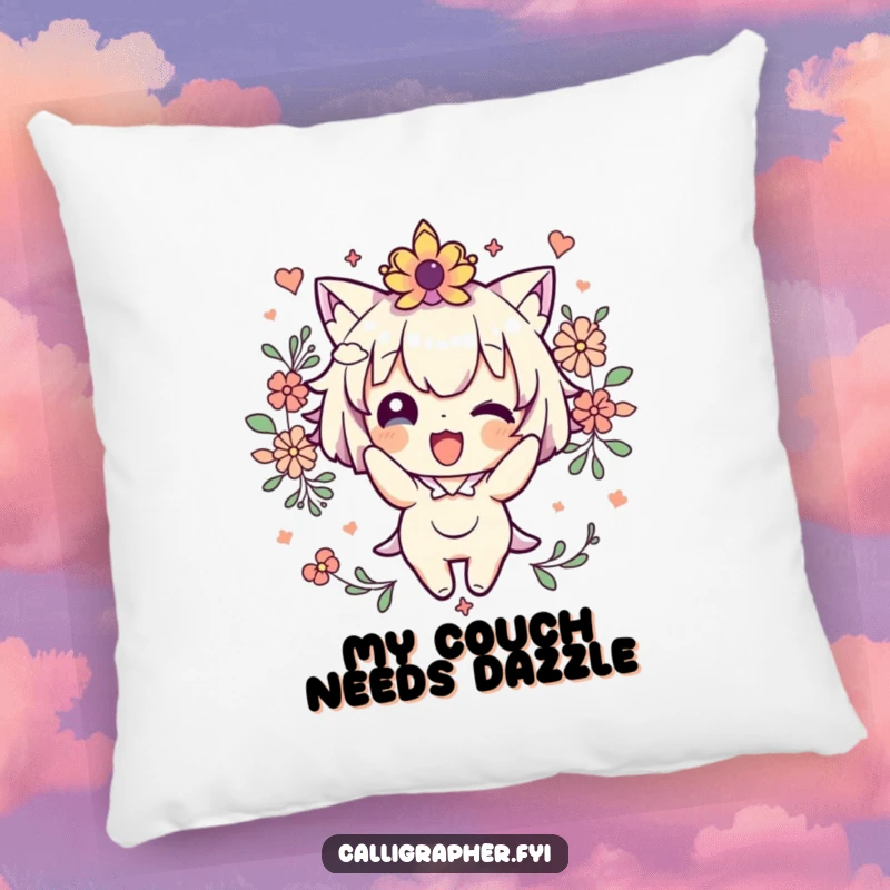 Funny Pillow showcasing a cute character enthusiastically decorating with playful flourishes, adding a touch of whimsical comfort to any space.