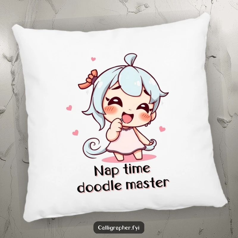 Funny pillow featuring a giggling character artist drawing a swirling pattern with their finger, adding a touch of playful art to comfort.