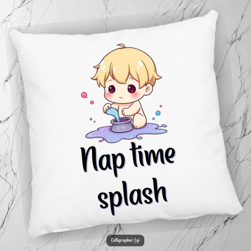 Funny pillow depicting a cute character playfully splashing ink from a small pot, creating a colorful artistic effect.
