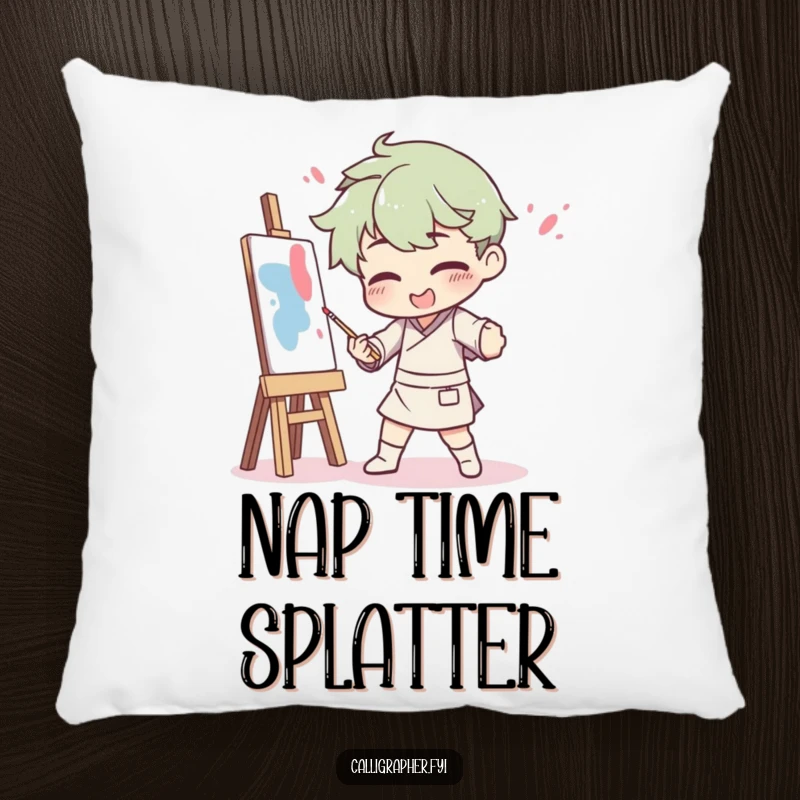 Funny pillow showing an artist comically splattered with paint after a dramatic pose, adding a humorous touch to any cozy space.