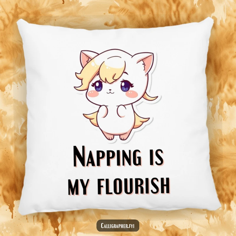 Funny pillow showcasing a cute character concentrating on creating a beautiful, elaborate elegant flourish, adding sophisticated comfort to any room.