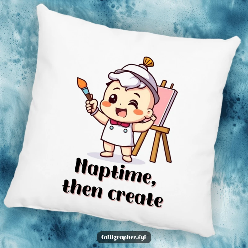 Funny Pillow with a cheerful artist character energetically painting with a brush, offering comfort and artistic amusement.