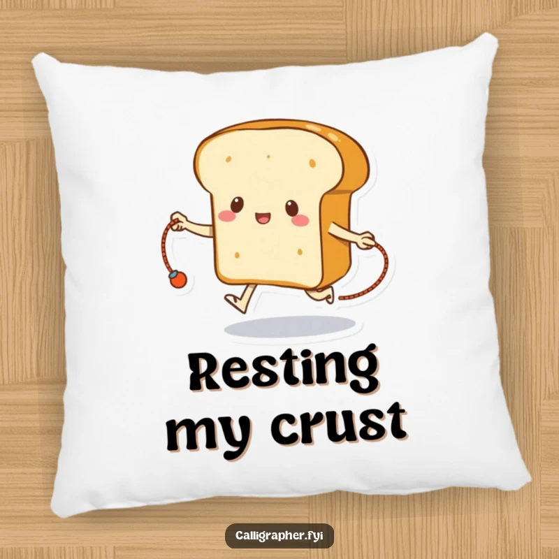Funny bread pillow featuring a loaf of bread skipping rope with its crust, a humorous and comfortable decorative item.