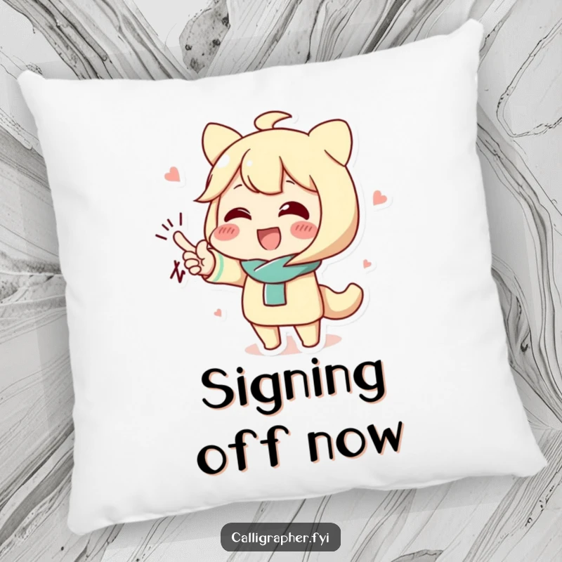 Funny pillow with a cute character proudly displaying an ornate, flourished signature, adding a touch of class.
