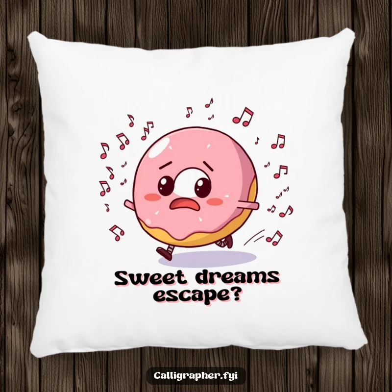 Funny pillow design with a bewildered donut character escaping a flurry of musical notes, creating a whimsical and amusing scene.