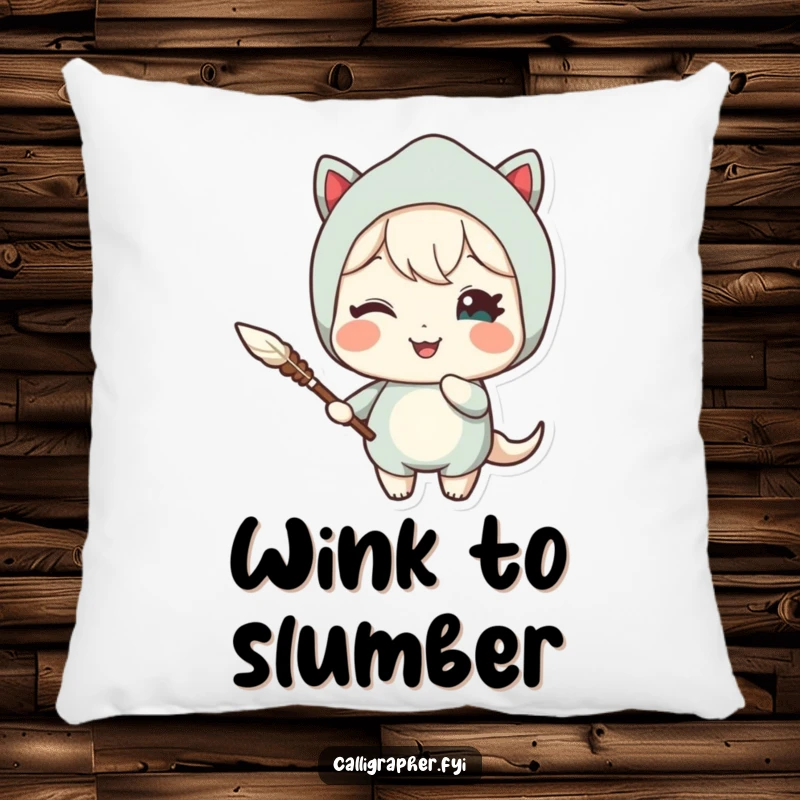 Funny pillow featuring a cute character holding a quill pen and giving a delightful wink, perfect for adding whimsical charm to decor.
