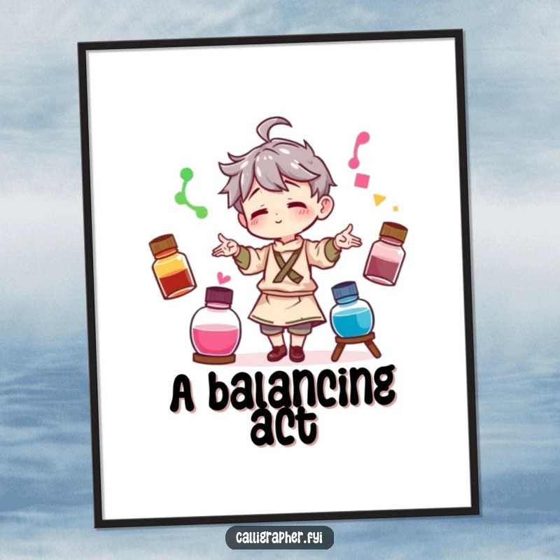 Funny digital art print of a character artist playfully juggling three different colored ink bottles, embodying dynamic artistic energy.