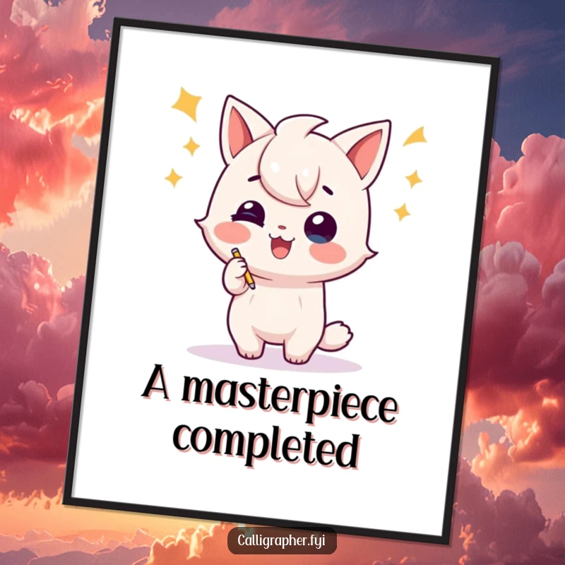 Funny digital art print of a playful character in a triumphant flourish after writing, ideal for writers' studios and creative spaces.