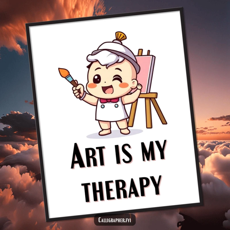 Funny Digital Art Print of a cheerful artist character excitedly painting with a brush, radiating artistic passion and humor.