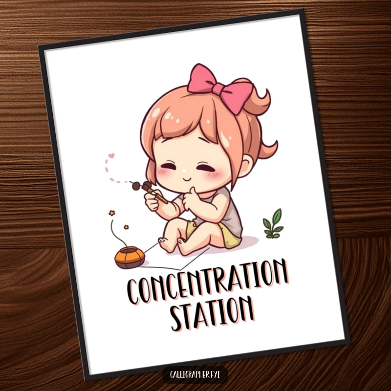 Funny digital art print of a cute character intensely focused on drawing a delicate flourish.