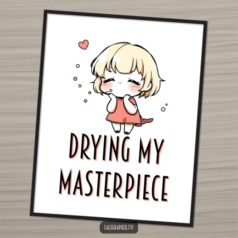 Funny Digital Art Print: A cute character gently blows on a freshly inked design, symbolizing precision and artistic care.