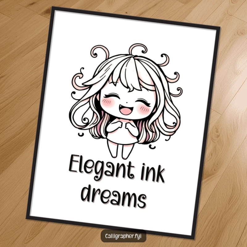 Funny digital art print of a happy character creating elegant ink swirls, capturing the beauty and joy of lettering.
