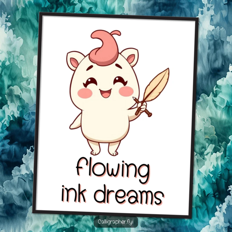 Funny digital art print of a cheerful character holding a quill pen with a flourish, adding elegant literary humor to any decor.