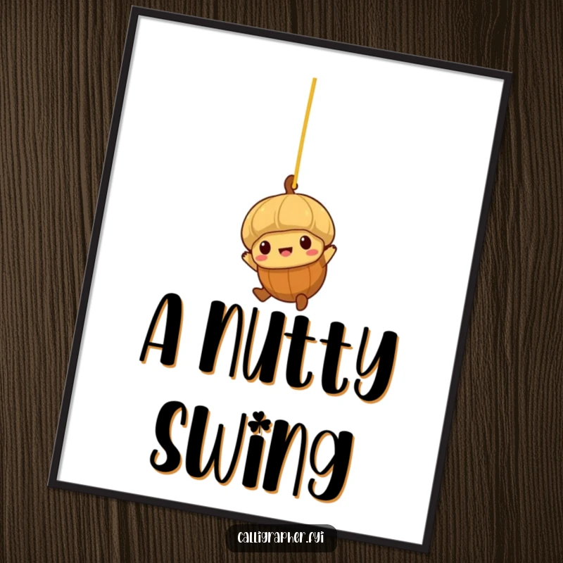 Funny digital art print of a brave little acorn character swinging from a strand of spaghetti.