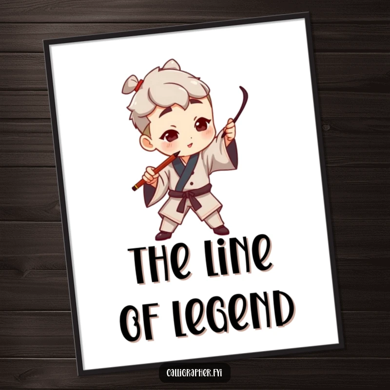 Funny digital art print of a character artist dramatically gesturing with a calligraphy pen, creating a bold stroke, embodying artistic elegance.