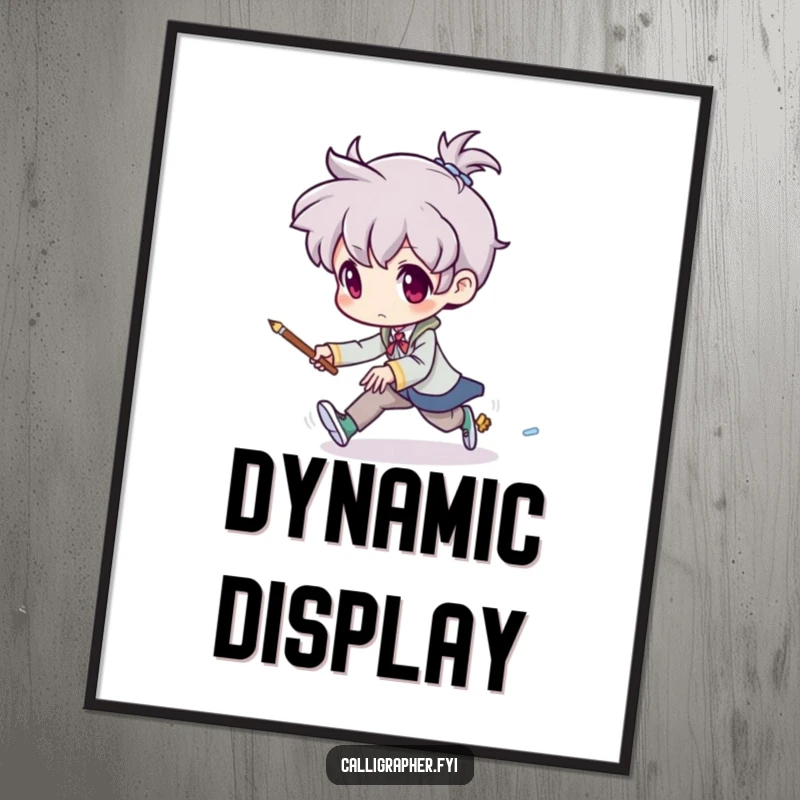 Funny digital art print of an artist humorously chasing a tiny, mischievous brush, perfect for adding dynamic action and artistic humor to decor.