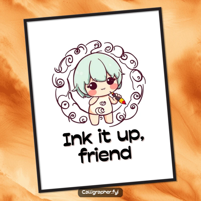 Funny digital art print of a cute character gracefully making swirling patterns with a calligraphy pen, ideal for printable wall decor.