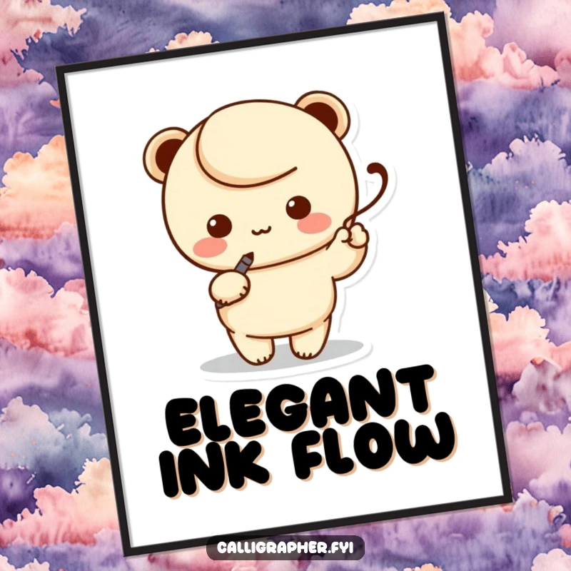 Funny digital art print of a kawaii character artist holding a calligraphy pen, elegantly writing a swoosh, for instant wall decor.