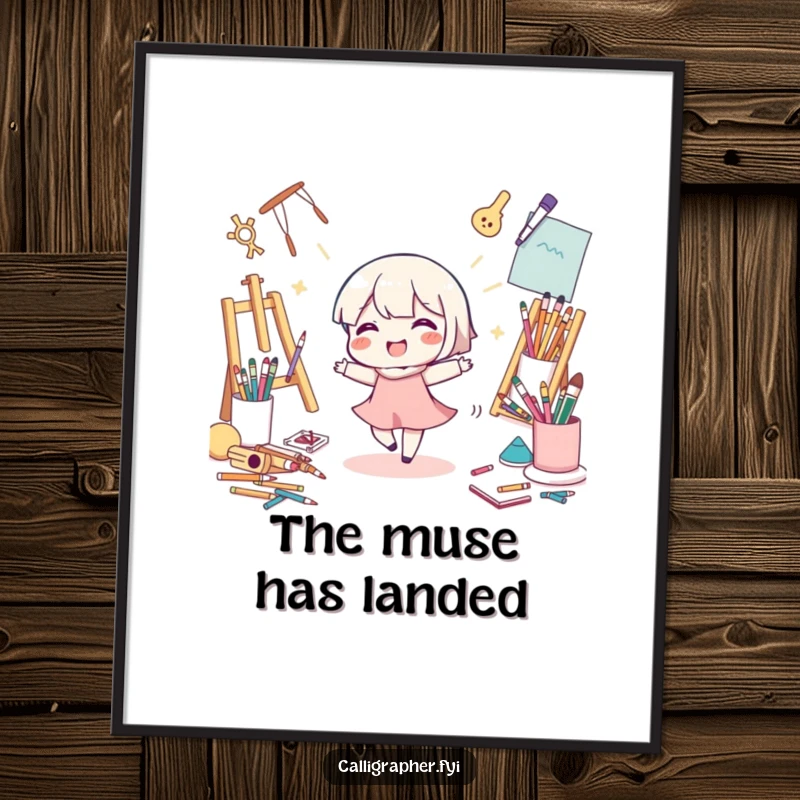 Funny Digital Art Print: A cute character dances with art supplies, radiating creative energy and joy, perfect for instant wall decor.