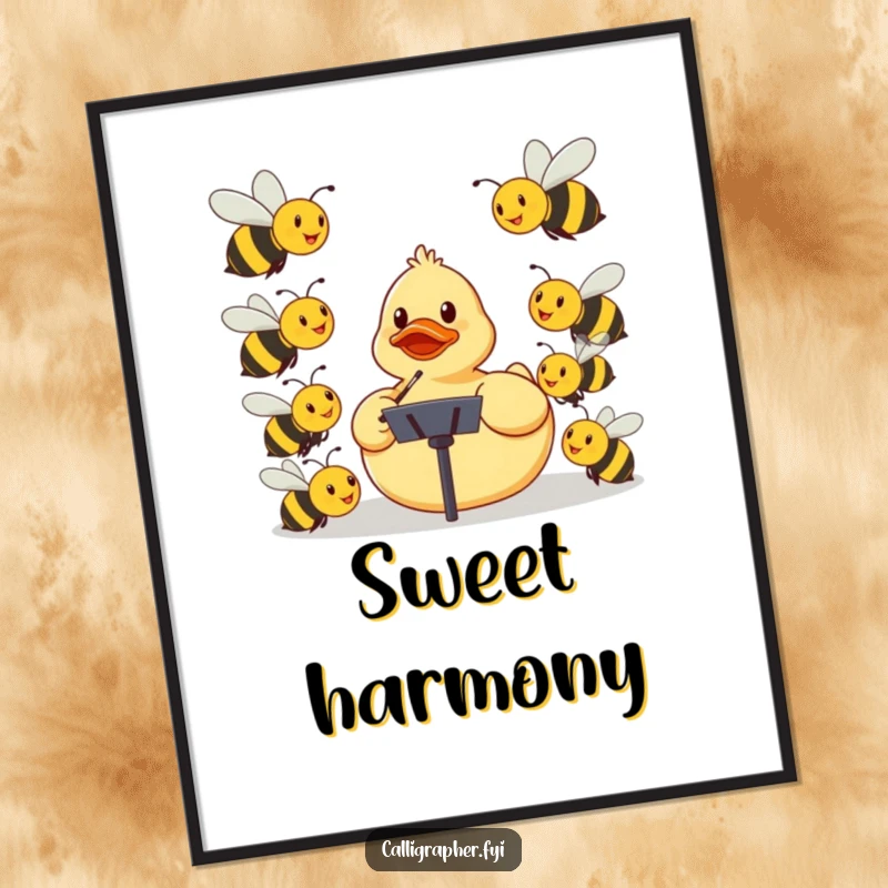 Funny digital art print of a rubber ducky conducting an orchestra of smiling bees, perfect for humorous wall decor.