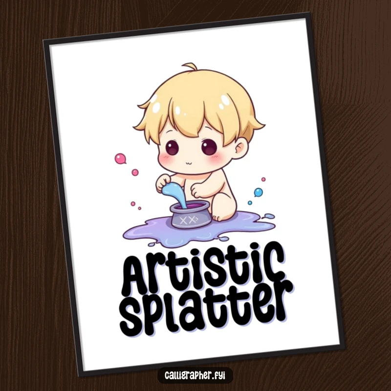Funny digital art print of a cute character playfully splashing colorful ink from a tiny pot.